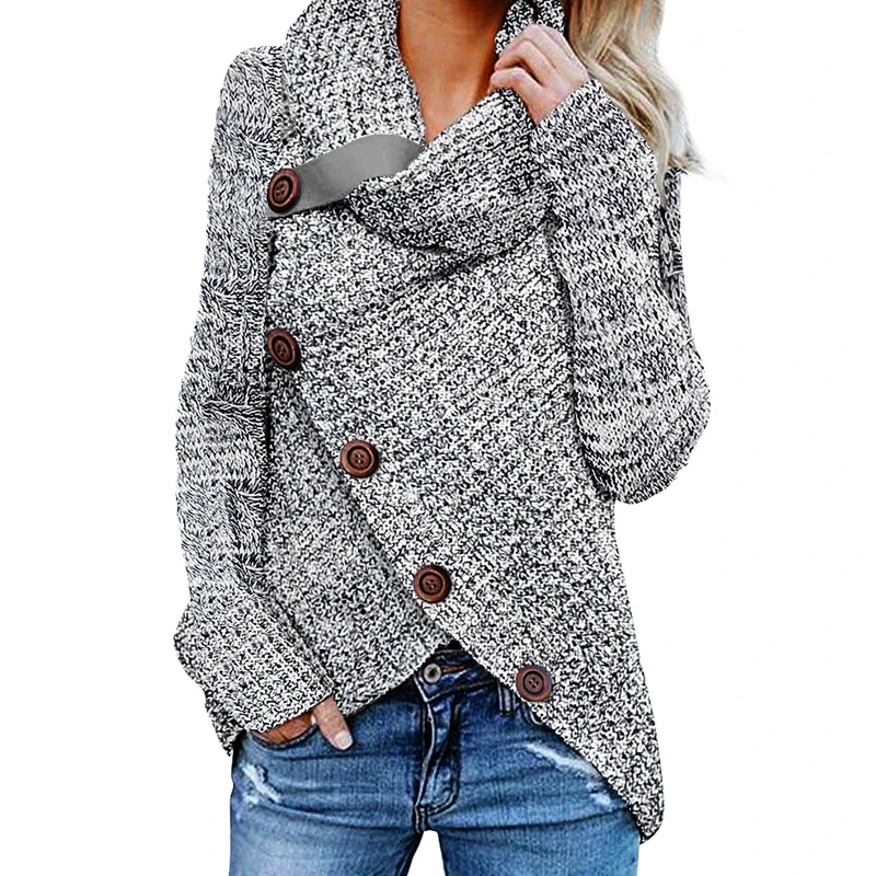 Casual Women Heather Gray Buttoned Wrap Turtleneck Sweater