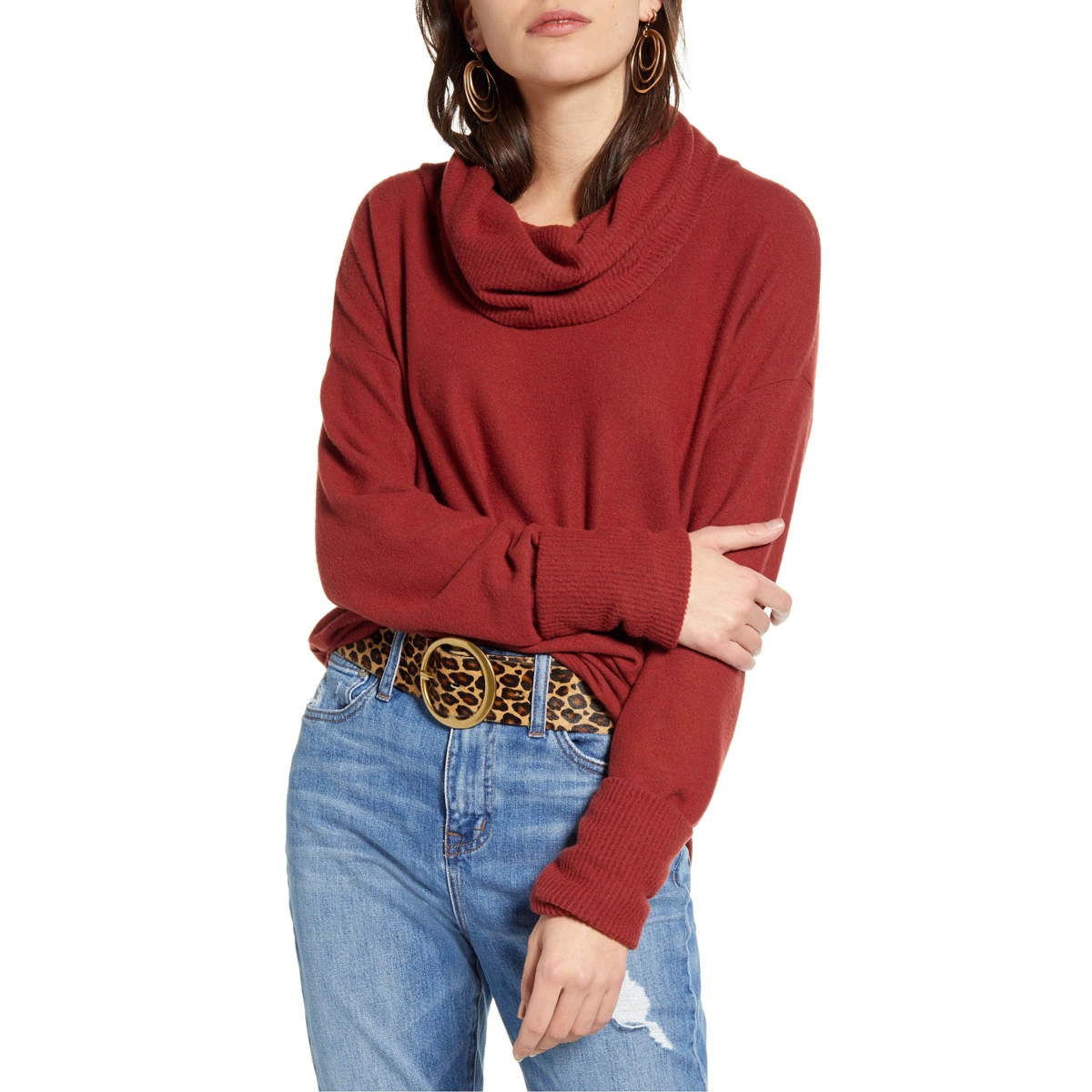Cowl Neck Burgundy Cozy Oversized Women Pullover Sweater