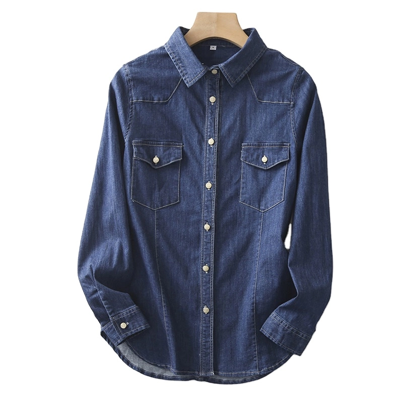 Factory Customized Womens Shirt Long Sleeve Cotton Shirt Long Denim Waist Top Vintage And Casual Style Denim Blouse