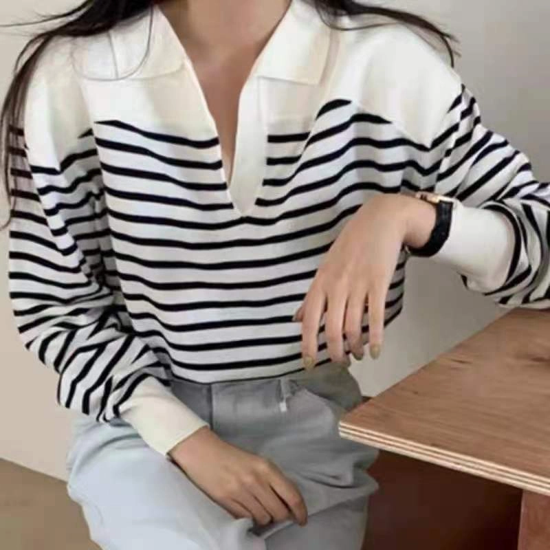 Fashion Autumn Blue White Striped Long Sleeved Top Women Knitwear Top Sweater