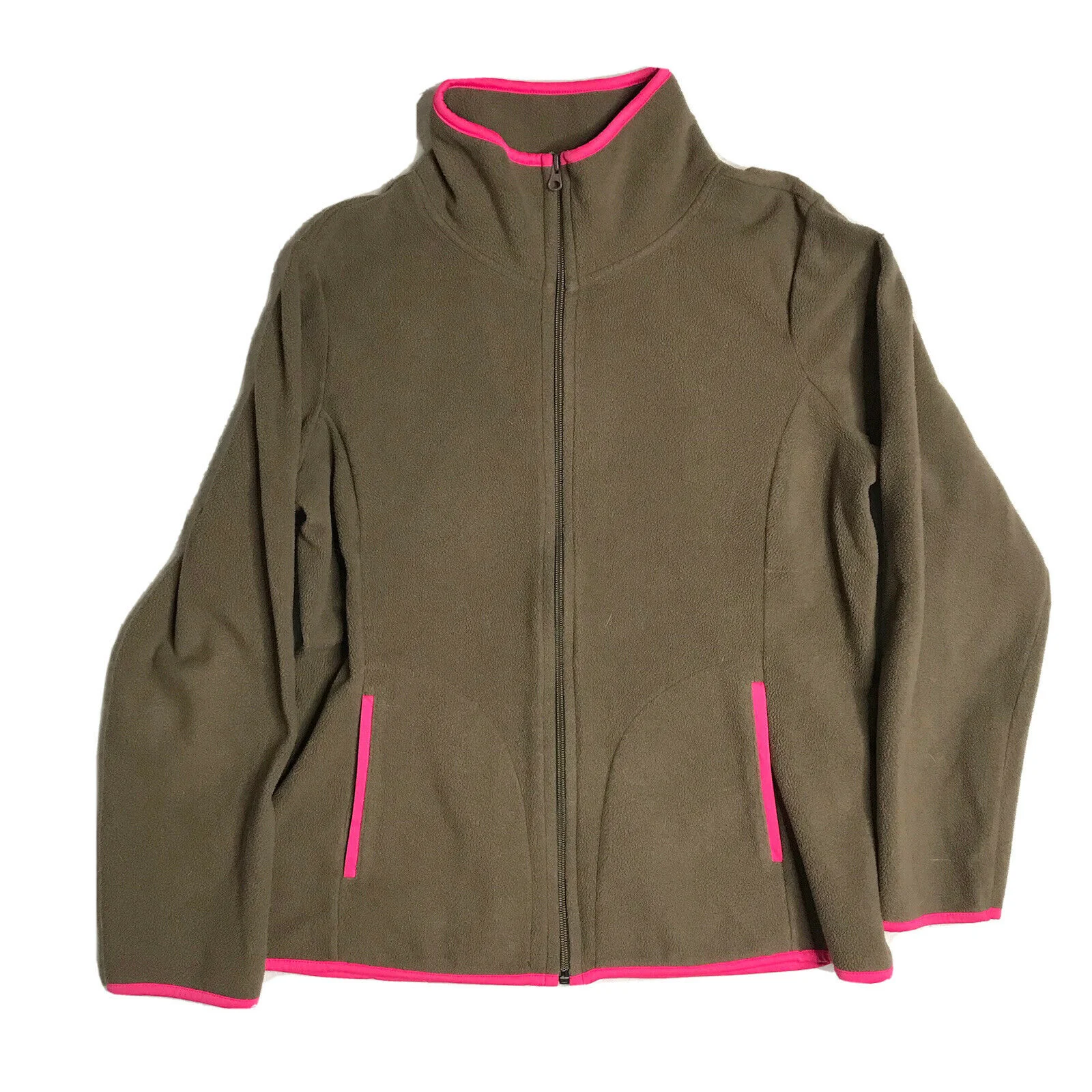 Fleece Sweatshirt Womens Large Brown Full Zip Pink Trim Pockets