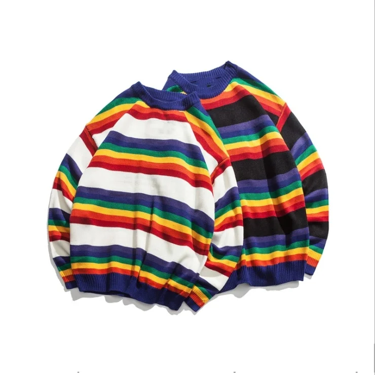 Knitted Round Neck Stripes Loose Size Knitwear Pullover Sweaters
