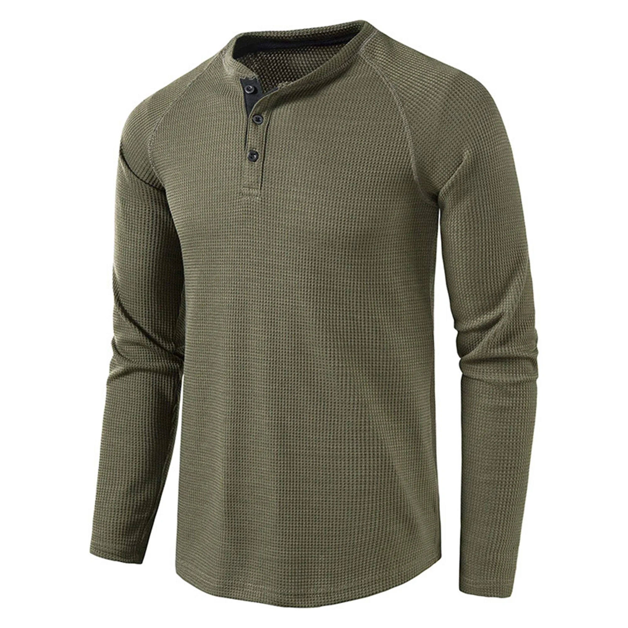 Mens Casual Slim Fit Henley Long Sleeve T Shirts Waffle Front Placket Plain Jersey Shirt
