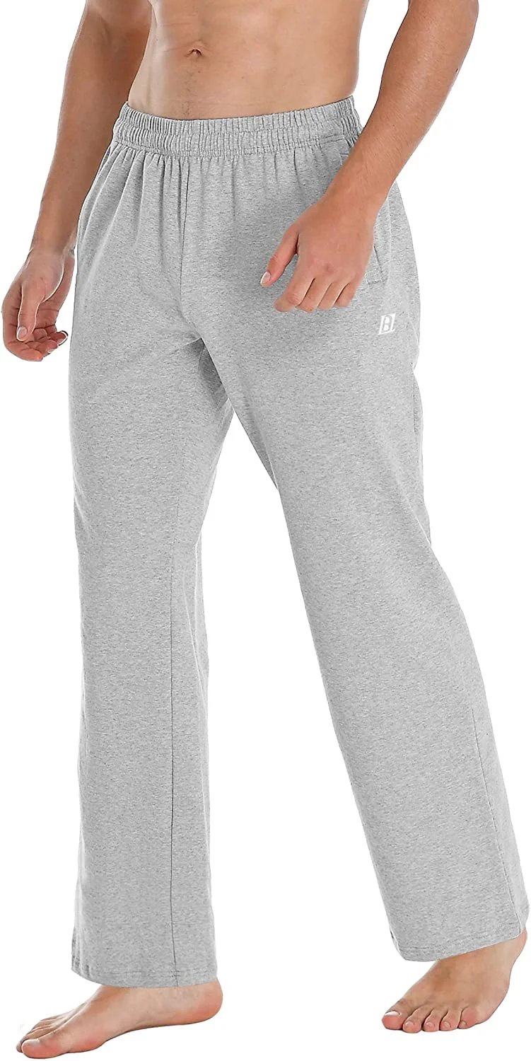 Mens Cotton Yoga Sweatpants Running Casual Loose Open Bottom Straight Leg Joggers Pants With Zipper Pockets