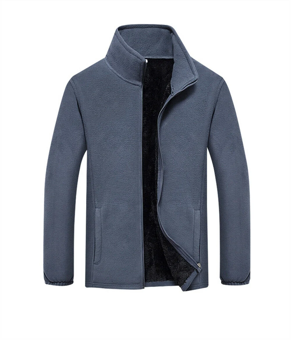 Mens Polar Fleece Long Sleeve Full Zipper Zip Up Jacket Solid Coat Top