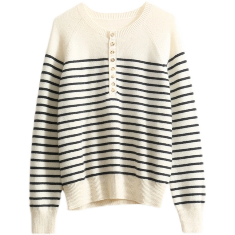 Organic Wool Cashmere Classic Strips Buttons Women Knit Sweater