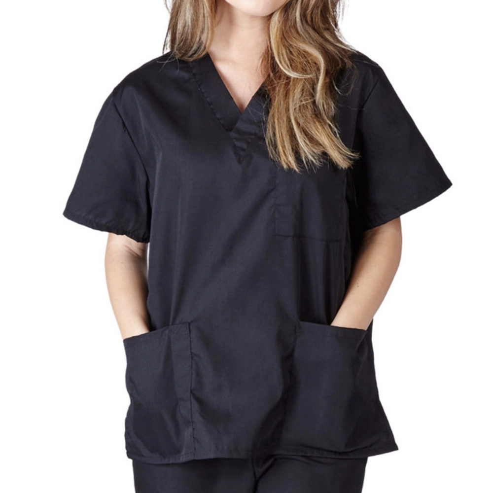 Stretchy Solid Short Sleeve Scrubs Tops Chest Muti Pockets Nurse ...