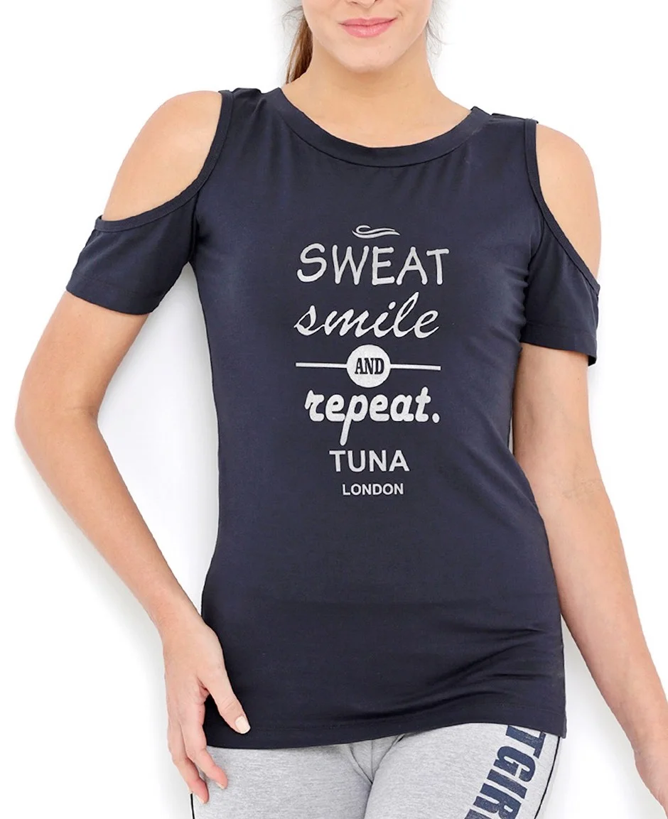 Wholesale Women Navy Printed Cold Shoulder Activewear Pure Cotton T-shirt Supplier Bangladesh Factory