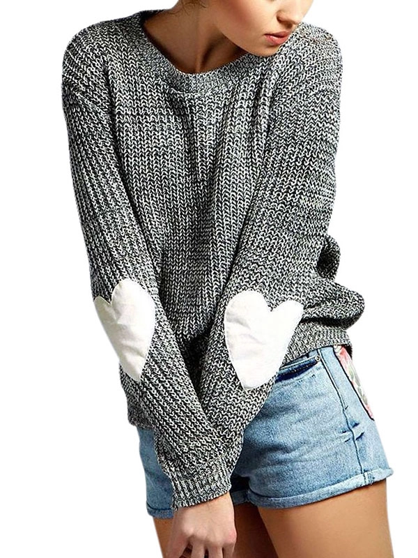 Women Heart Pattern O Neck Knits Sweater Pullover