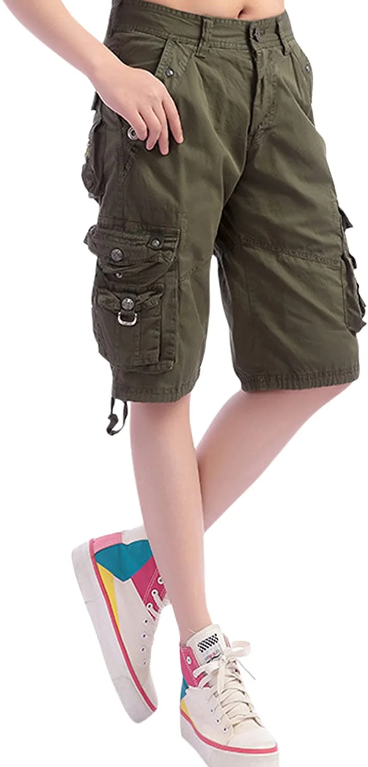 Womens Casual Loose Fit Multi Pockets Twill Bermuda Cargo Shorts