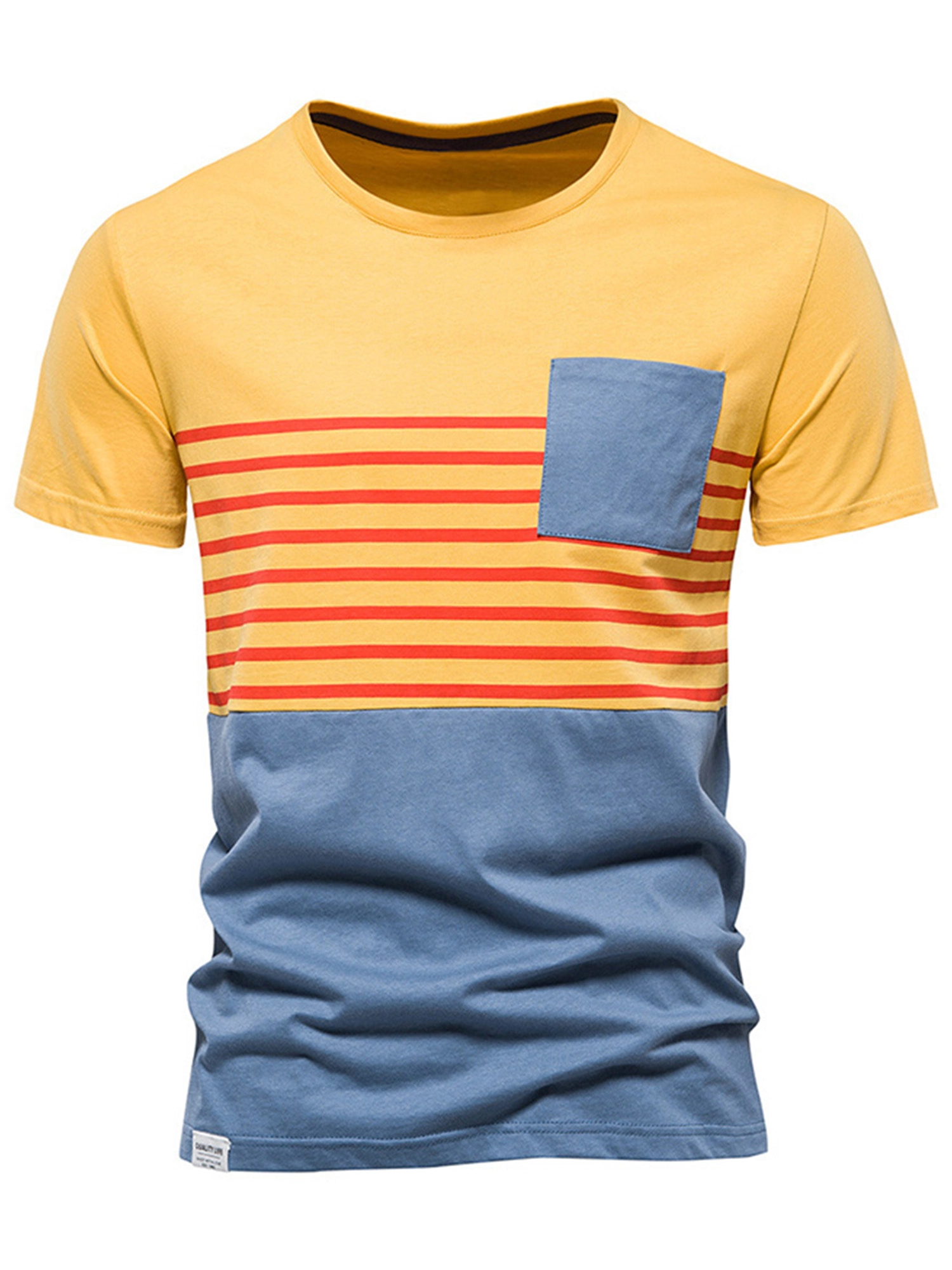 Men Casual Short Sleeve Tops Lightweight Pocket Striped Print Tee Shirt Contrast Color Summer T Shirt