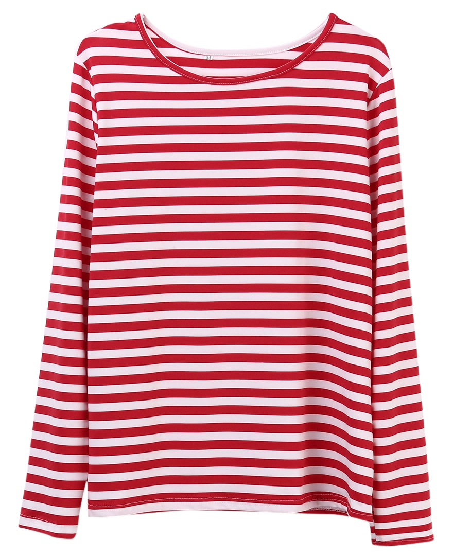 Women Red White Striped Long Sleeve T Shirt Cotton Loose Shirt Female Basic O Neck Tops Tee
