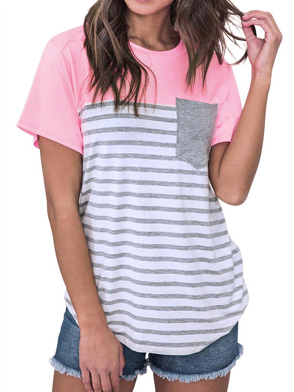 Women Short Sleeve Pocket Front Stripe Print Colorblock T Shirt