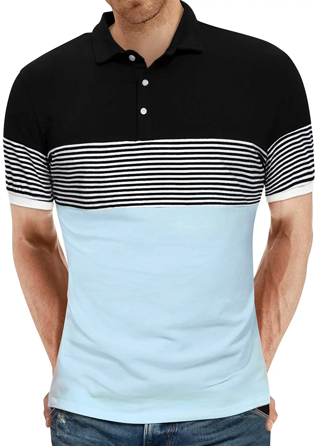 Men's Short Sleeve Polo Shirts Casual Slim Fit Contrast Color Stitching Stripe Cotton Shirts