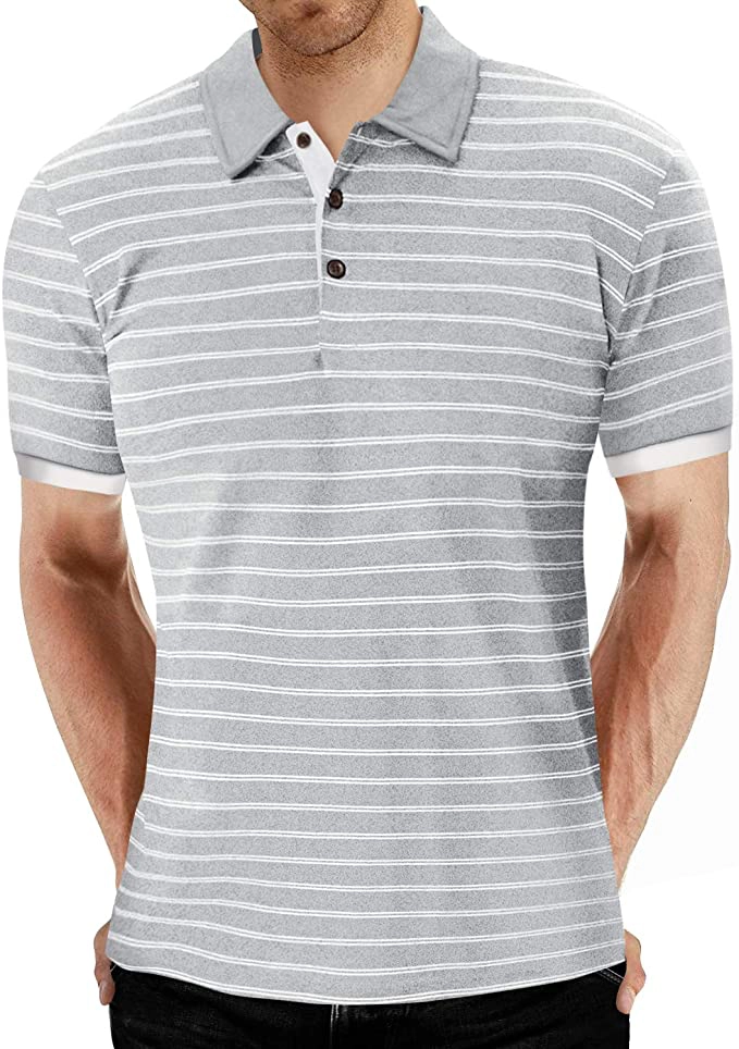 Men's Short Sleeve Stripe Polo Shirts Casual Slim Fit Basic Designed Cotton Shirts