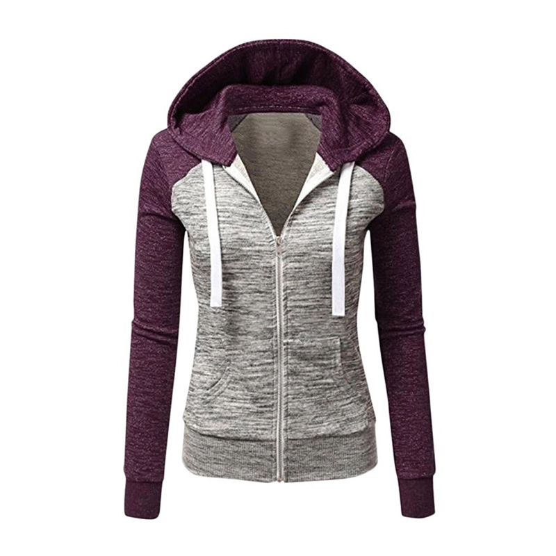 Women's Casual Zipper Up Hooded Sweatshirts Long Sleeves Patchwork