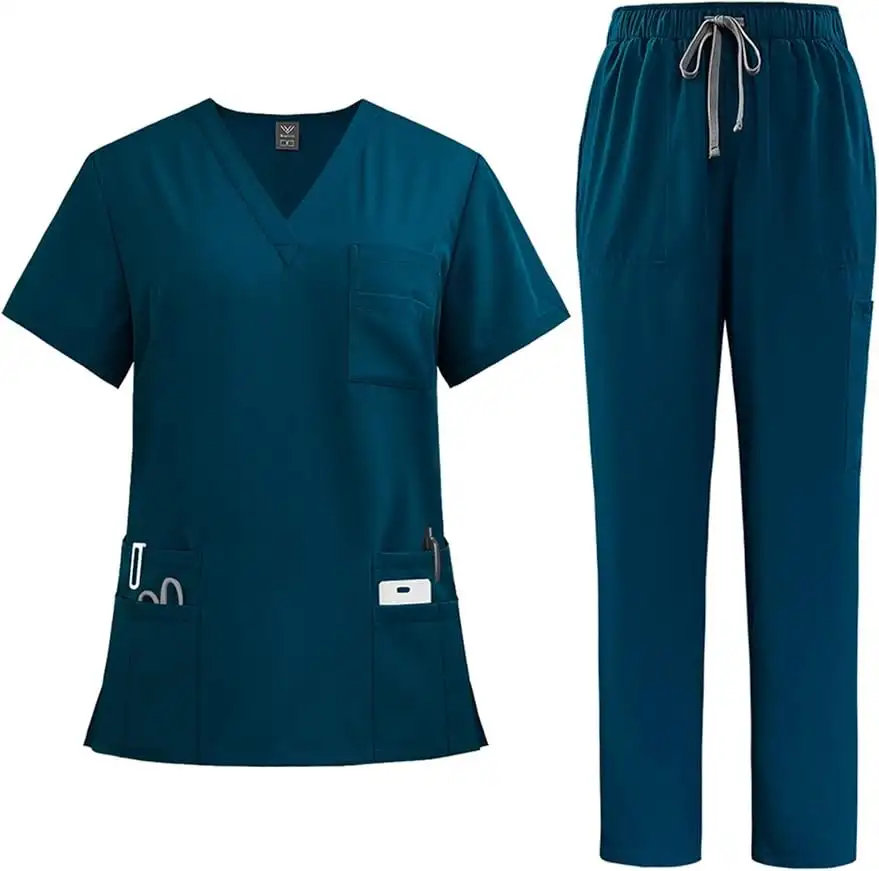 Women v-neck Scrub Tops &#038; Cargo Pant Quick Drying Solid Medical Nurse Uniform with Pockets